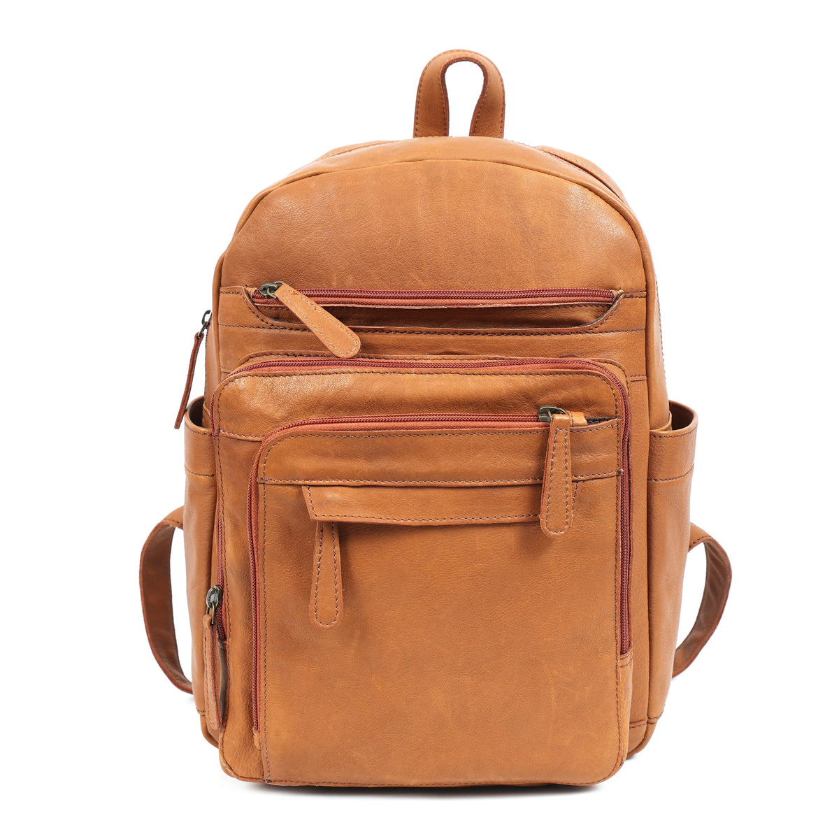Premium Quality Tan Leather Backpack with Multi Zip Pockets & Adjustable Straps