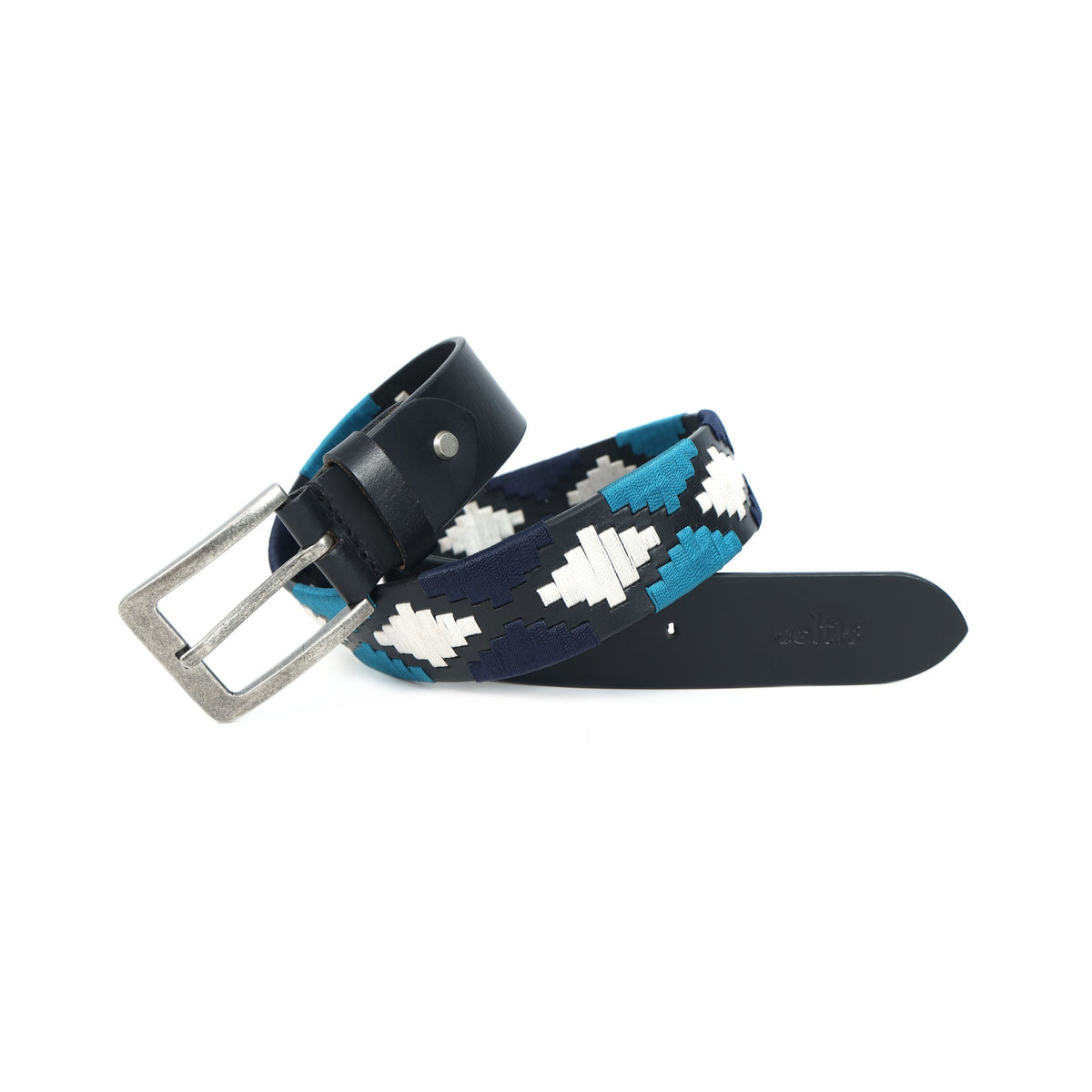 Unisex Handcrafted Leather Belt With Woven Blue White Pattern And Antique Silver Buckle