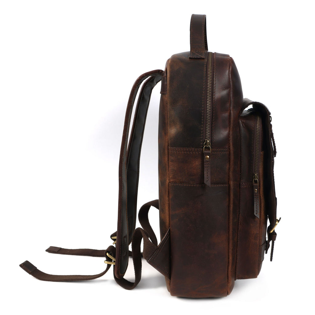 Premium Full-Grain Leather Backpack with Front Zip Pocket & Padded Shoulder Straps