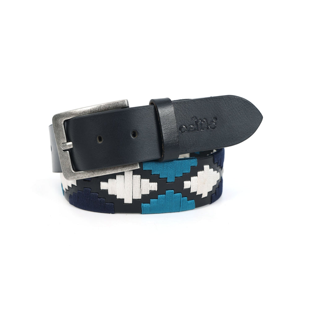 Unisex Handcrafted Leather Belt With Woven Blue White Pattern And Antique Silver Buckle