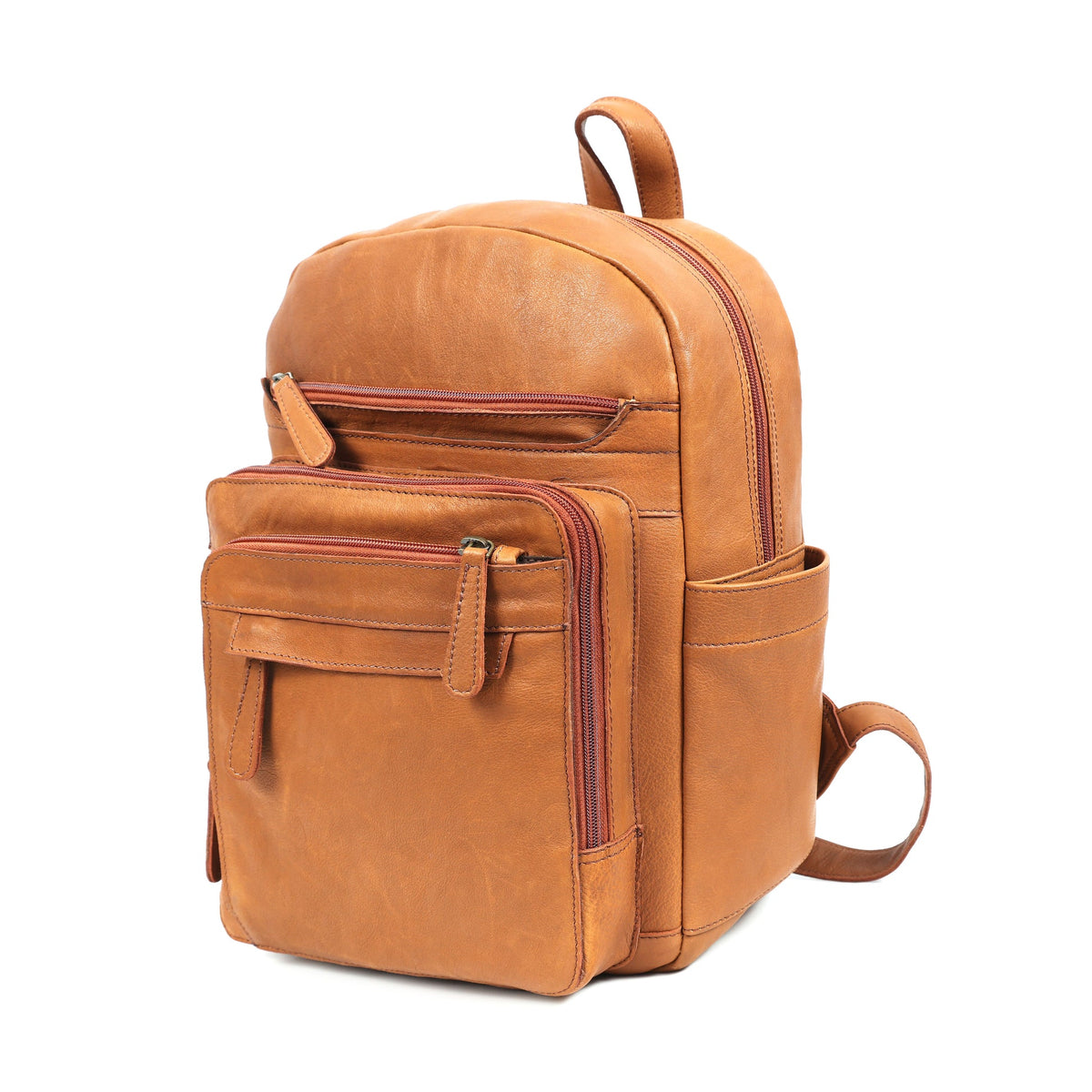 Premium Quality Tan Leather Backpack with Multi Zip Pockets & Adjustable Straps