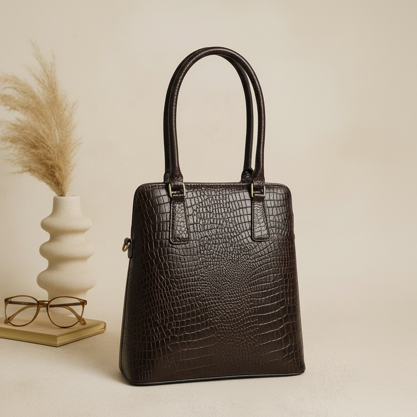 Premium Croc-Embossed Leather Tote Bag with Zip Closure & Detachable Shoulder Strap