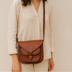 Vintage Embossed Leather Sling Bag with Buckle Flap & Front Pocket