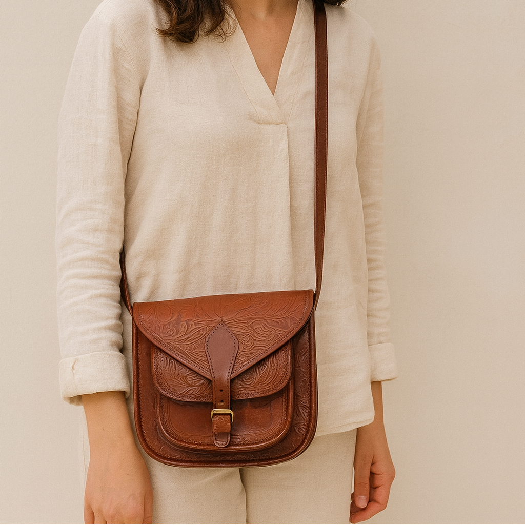 Vintage Embossed Leather Sling Bag with Buckle Flap & Front Pocket
