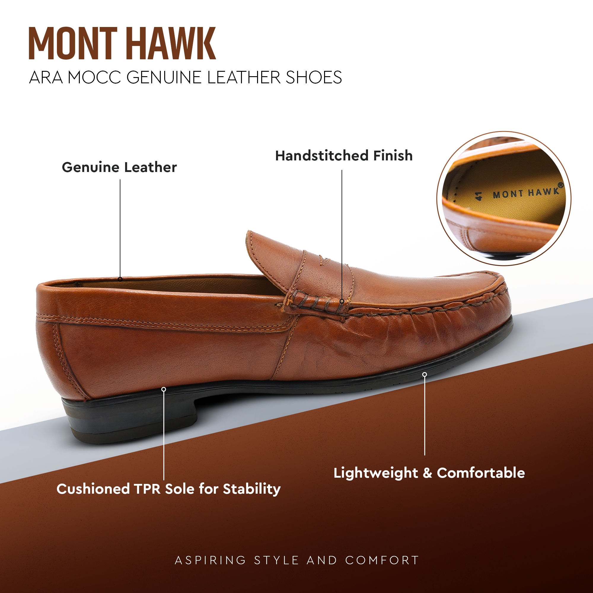 Ara Mocc Genuine Leather Loafers – Handstitched Slip-On Shoes with Cushioned Insole & Durable TPR Sole