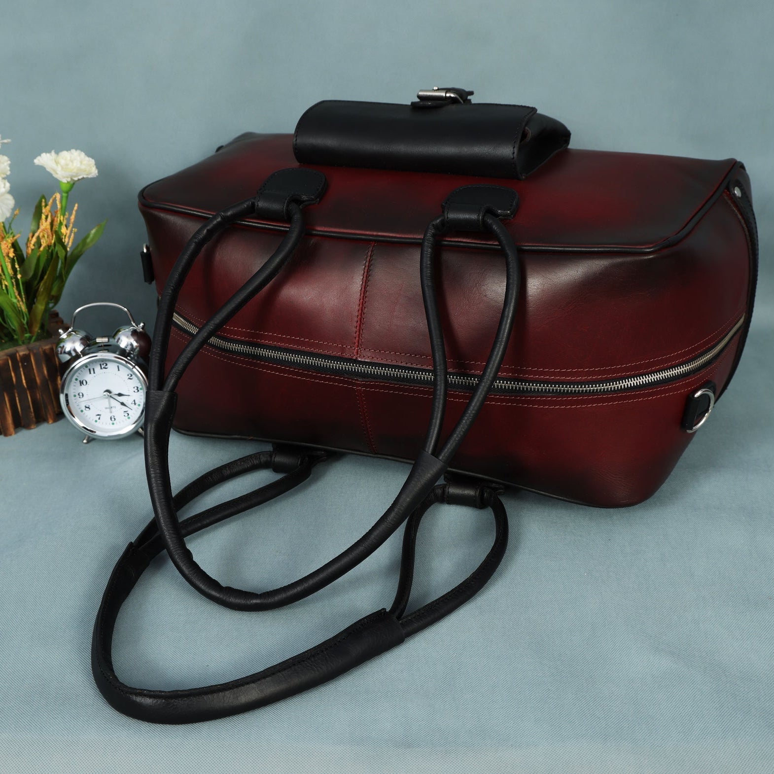 Premium Leather Travel Duffel Bag with Front Buckle Pocket & Dual Carry Straps