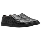 Mens Quilted Genuine Leather Slip-On Sneakers  Black Casual Comfort Shoes
