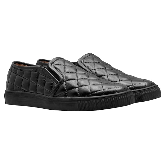 Mens Quilted Genuine Leather Slip-On Sneakers  Black Casual Comfort Shoes