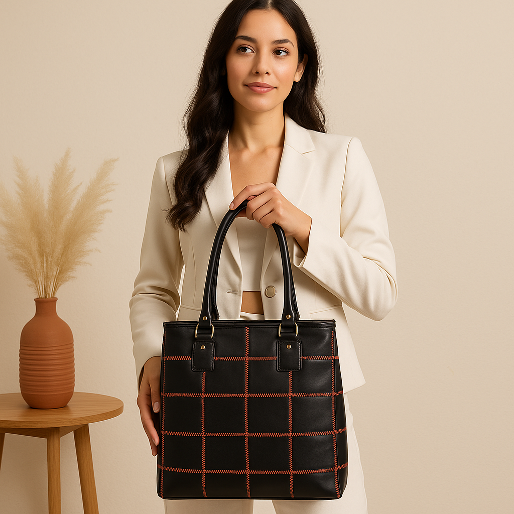 Women's Black Leather Tote Bag with Orange Stitch Grid and Spacious Interior