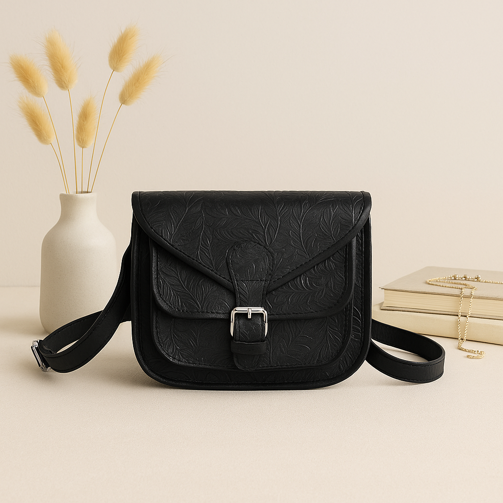 Vintage Floral Embossed Leather Sling Bag with Front Pocket Handcrafted Crossbody