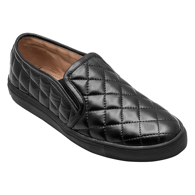 Mens Quilted Genuine Leather Slip-On Sneakers  Black Casual Comfort Shoes