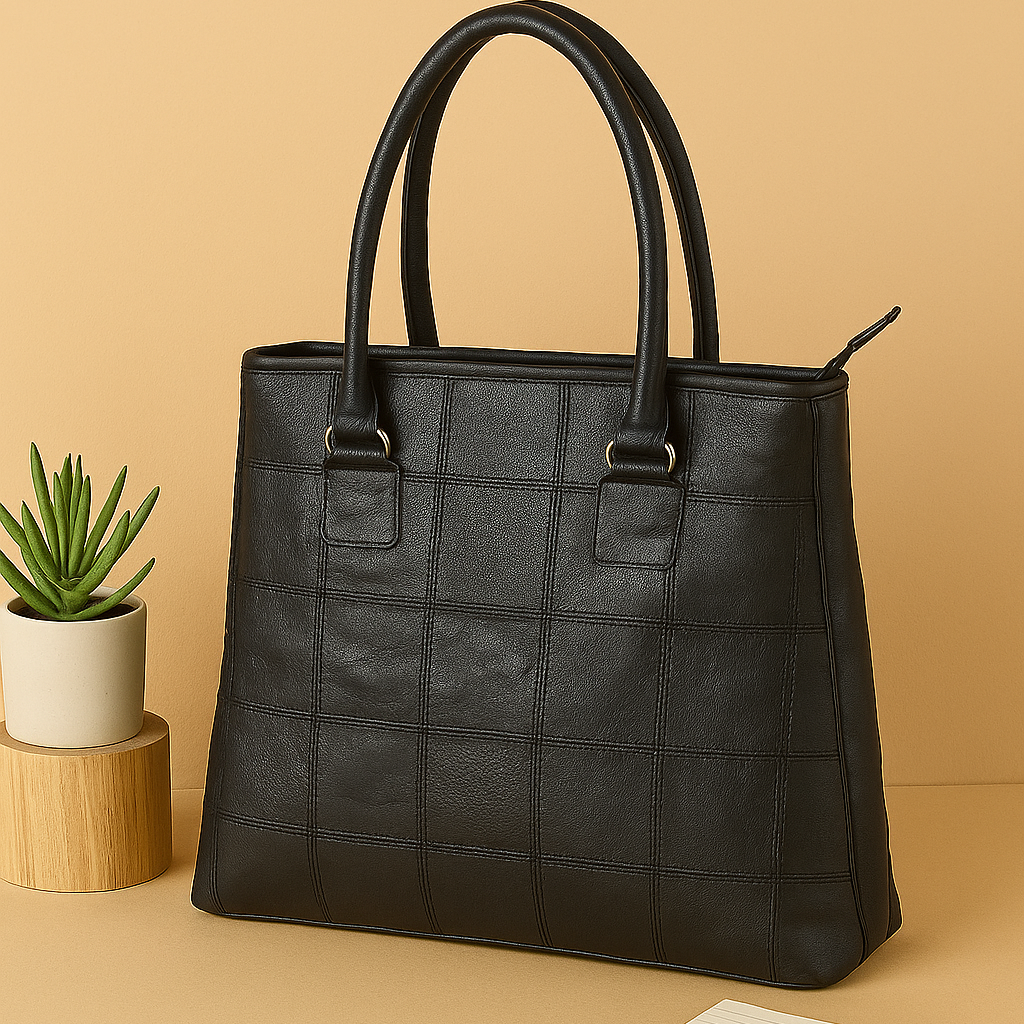 Women Black Leather Tote Bag with Patchwork Design and Spacious Interior
