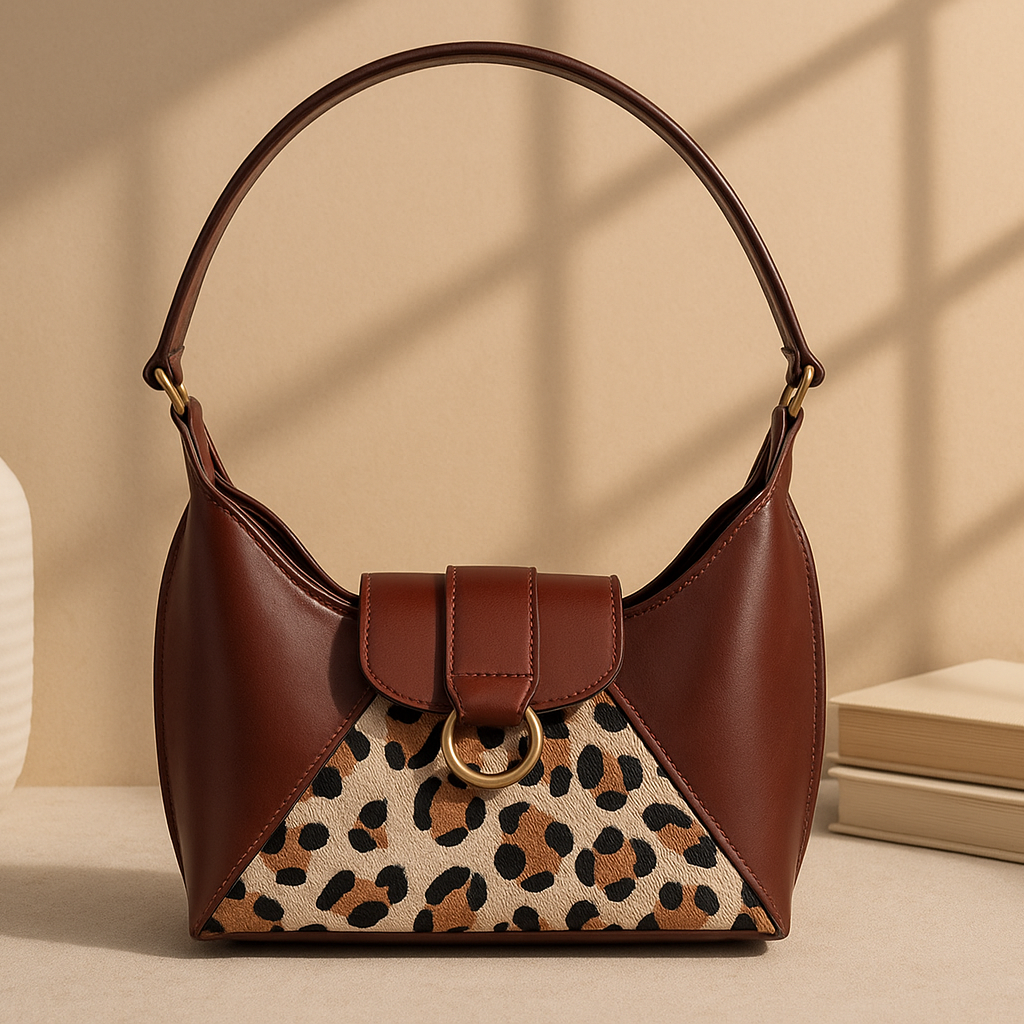 Brown Leather Shoulder Bag with Leopard-Print Hairon Panel – Elegant & Compact Handbag