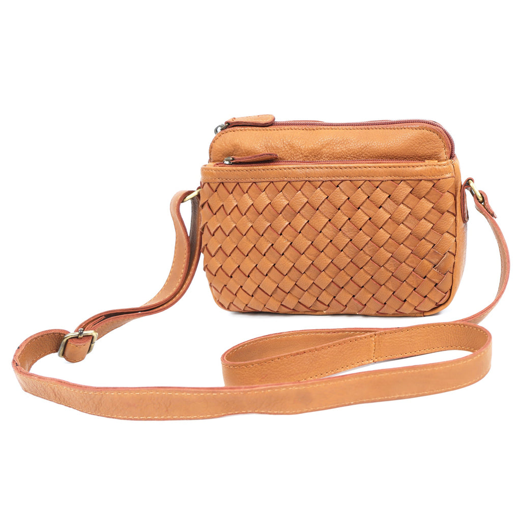 Premium Handwoven Leather Crossbody Bag with Adjustable Strap & Zip Compartments