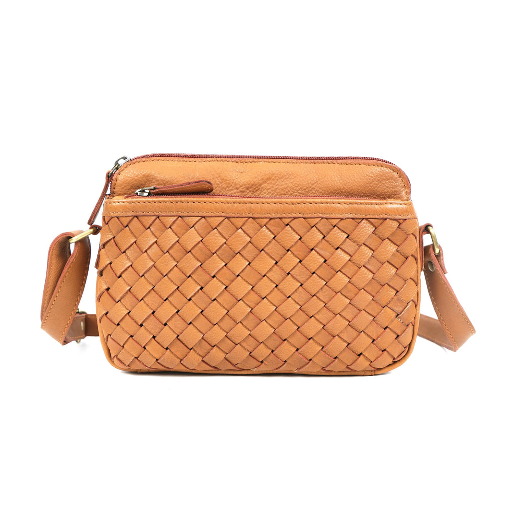 Premium Handwoven Leather Crossbody Bag with Adjustable Strap & Zip Compartments
