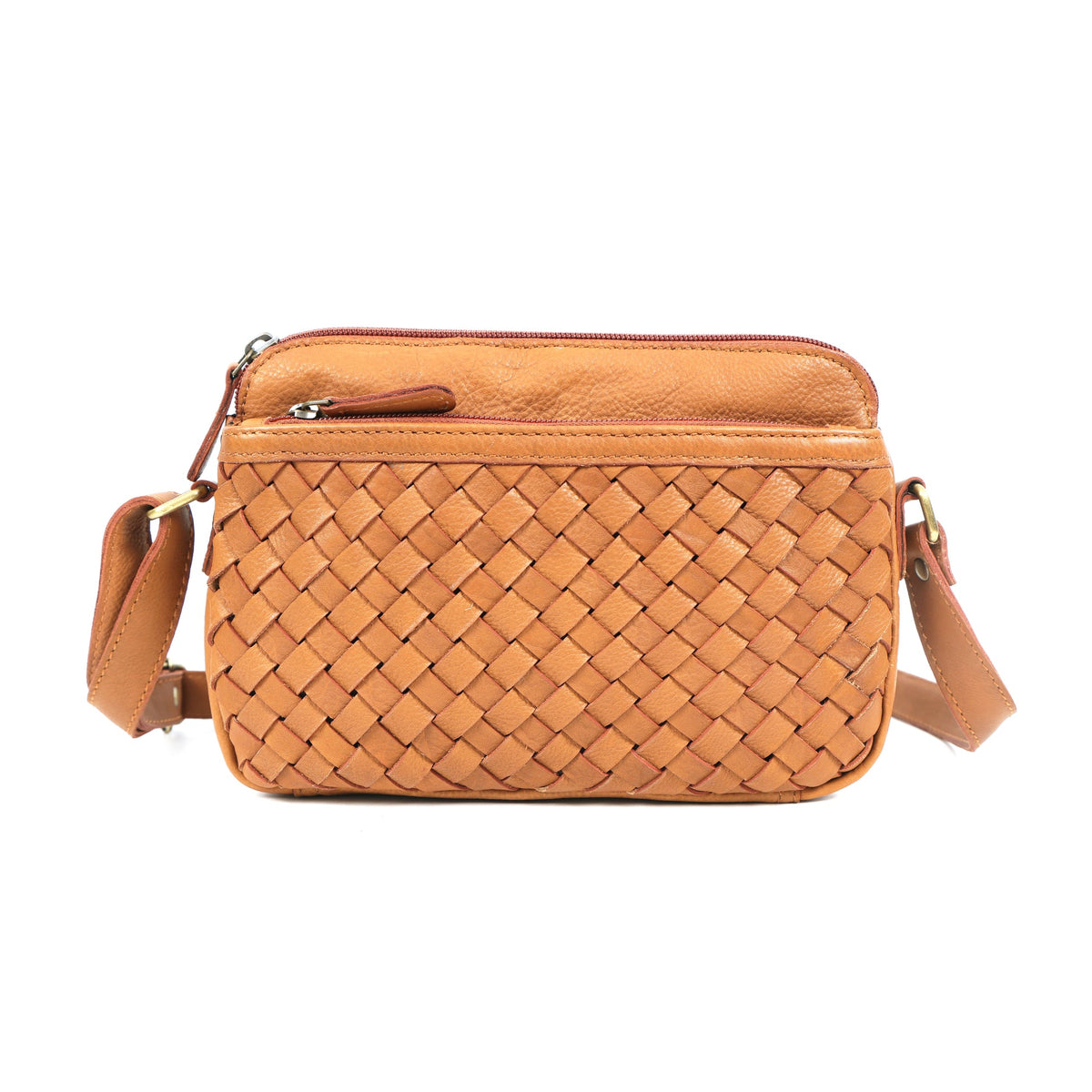Premium Handwoven Leather Crossbody Bag with Adjustable Strap & Zip Compartments