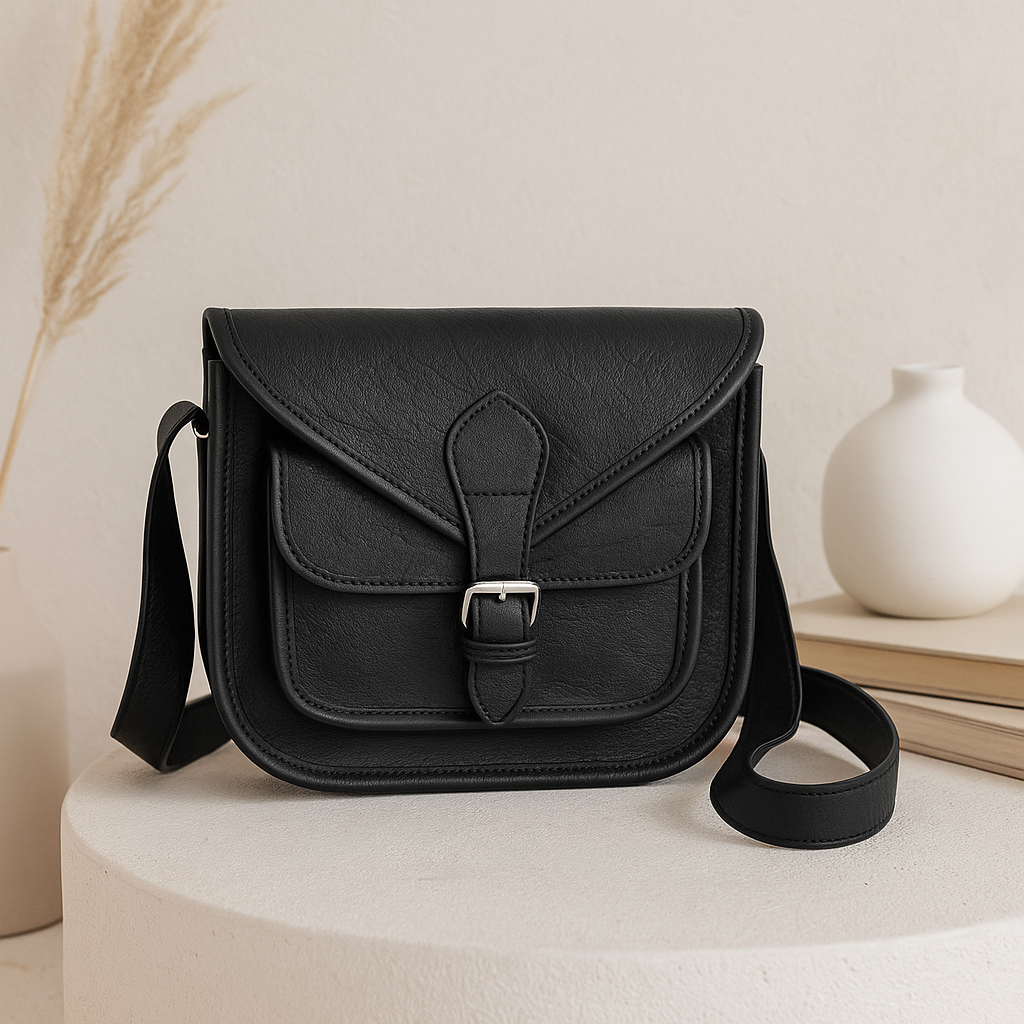 Black Wrinkle-Texture Leather Sling bag with Front Pocket & Adjustable Strap