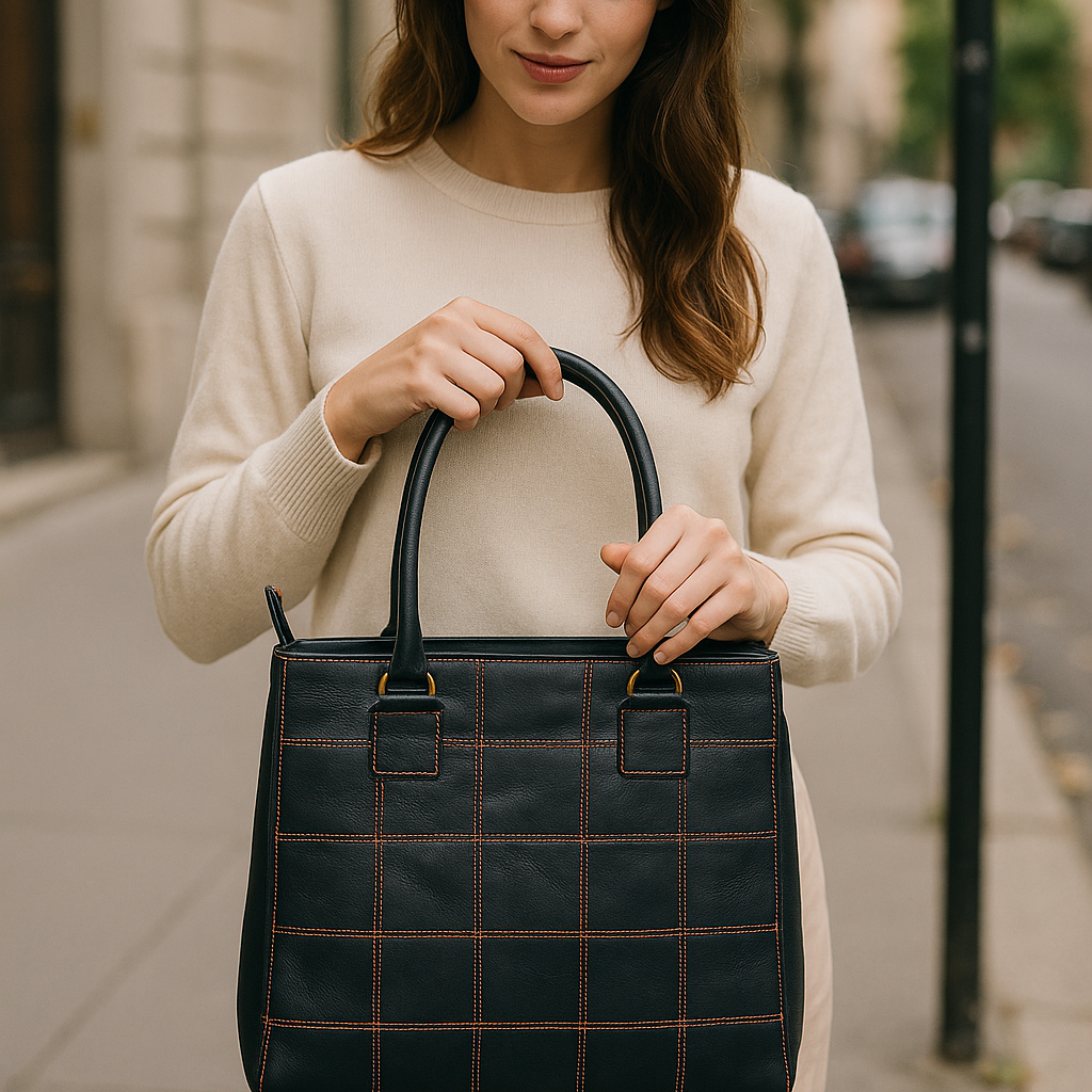 Premium Women Black Leather Tote Bag with Red Stitch Grid and Spacious Interior