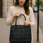 Premium Women Black Leather Tote Bag with Red Stitch Grid and Spacious Interior