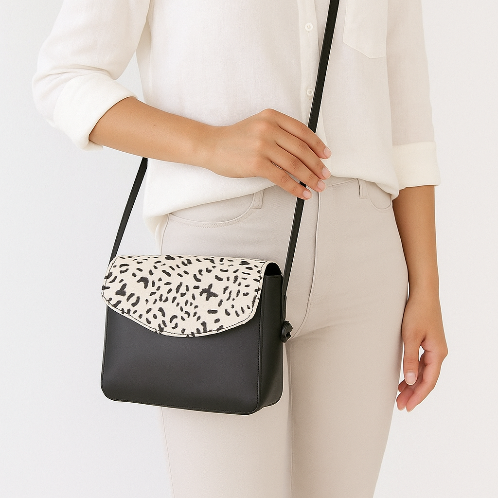 Black Crossbody Sling Bag with Printed Hair Flap – Minimal & Stylish Everyday Sling