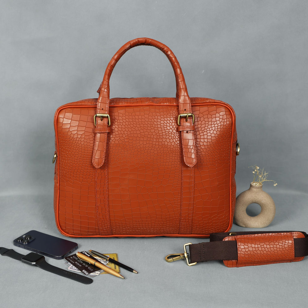 Premium Croc-Textured Black Leather Office Laptop Bag with Adjustable Shoulder Strap
