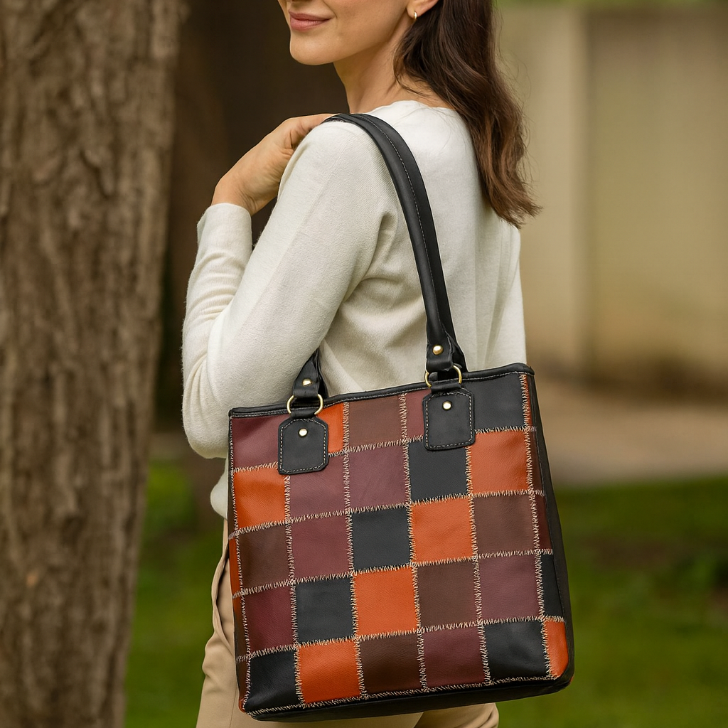 Premium Patchwork Leather Tote Bag for Women  Multi-Tone Handcrafted Carryall