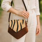 Women's Leather Sling Bag with Zebra Pattern Flap Brown Crossbody Shoulder Bag