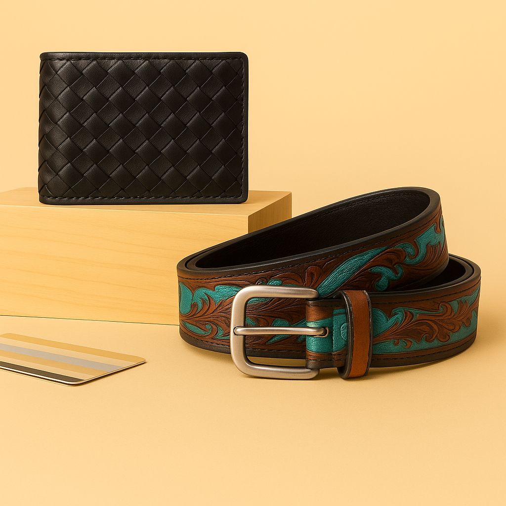 Carved Belt & Braided Wallet Combo