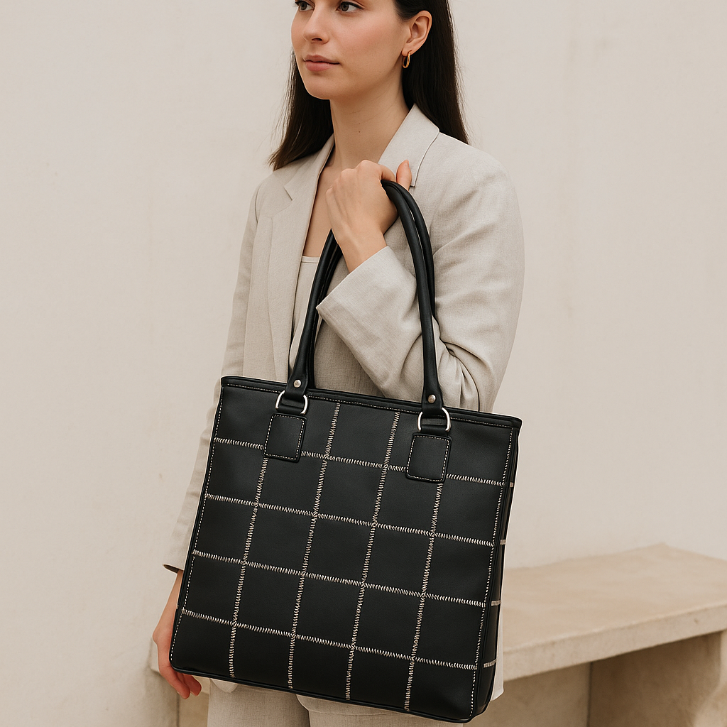 Women Black Leather Tote Bag with Contrast Stitch Grid and Spacious Interior