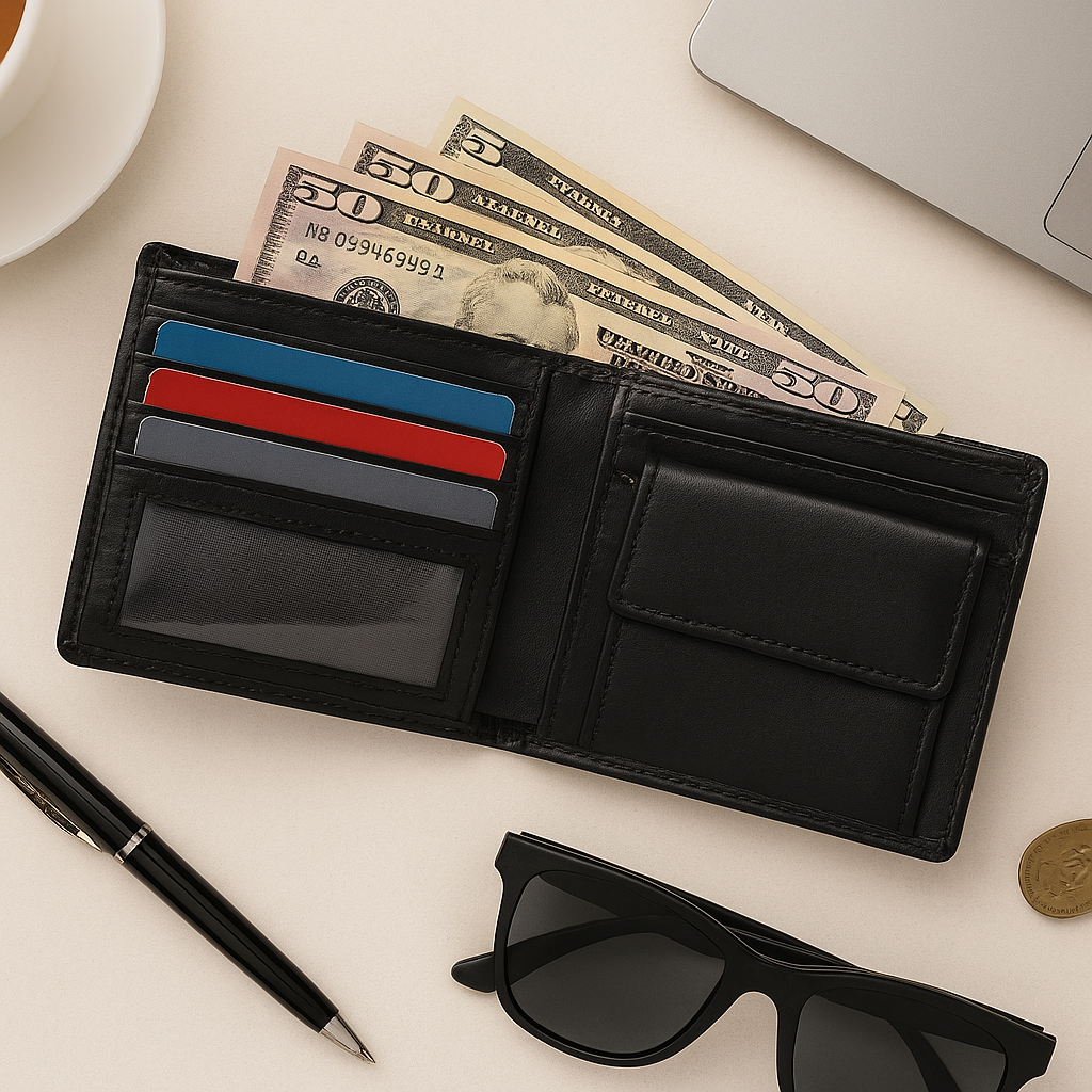 Premium Export-Quality Black Genuine Leather Bi-Fold Wallet with Coin Pocket & ID Window