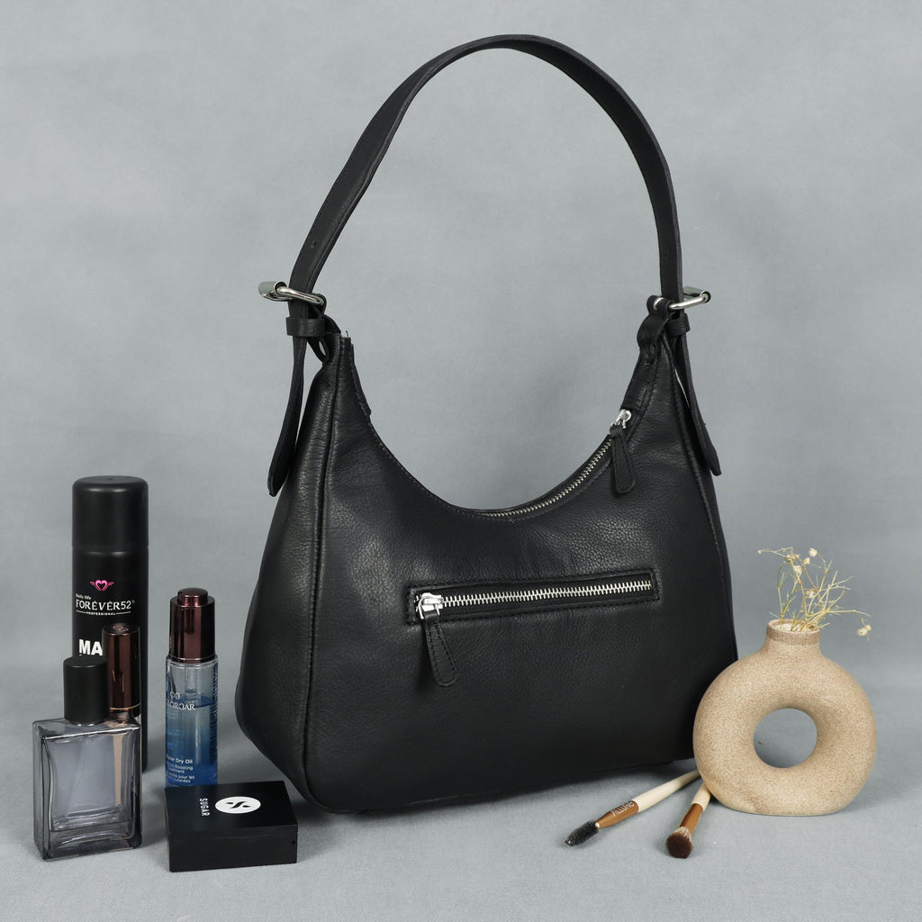 Premium Black Leather Shoulder Bag with Adjustable Strap & Secure Zip Pockets