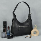 Premium Black Leather Shoulder Bag with Adjustable Strap & Secure Zip Pockets
