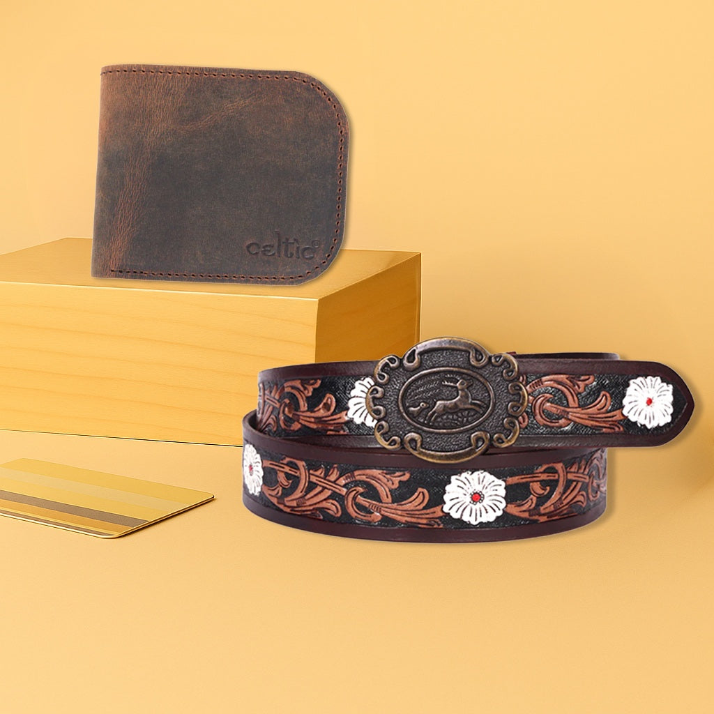 Artisan Brown Tooling Belt + Dual-Tone Wallet Gift Combo