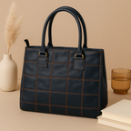 Premium Women Black Leather Tote Bag with Red Stitch Grid and Spacious Interior