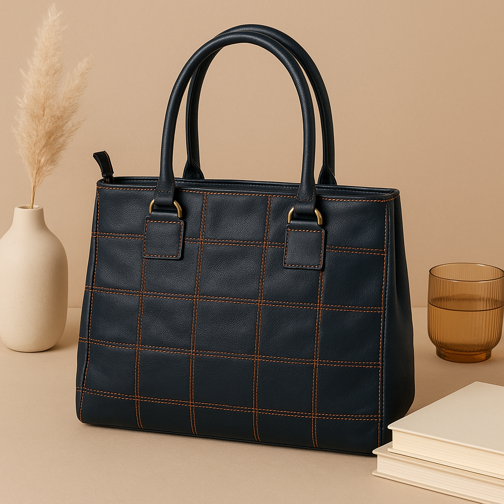 Premium Women Black Leather Tote Bag with Red Stitch Grid and Spacious Interior