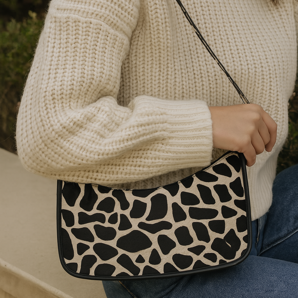 Zebra Print Hair-On Leather Baguette Shoulder Bag with Zip Closure & Inner Pocket