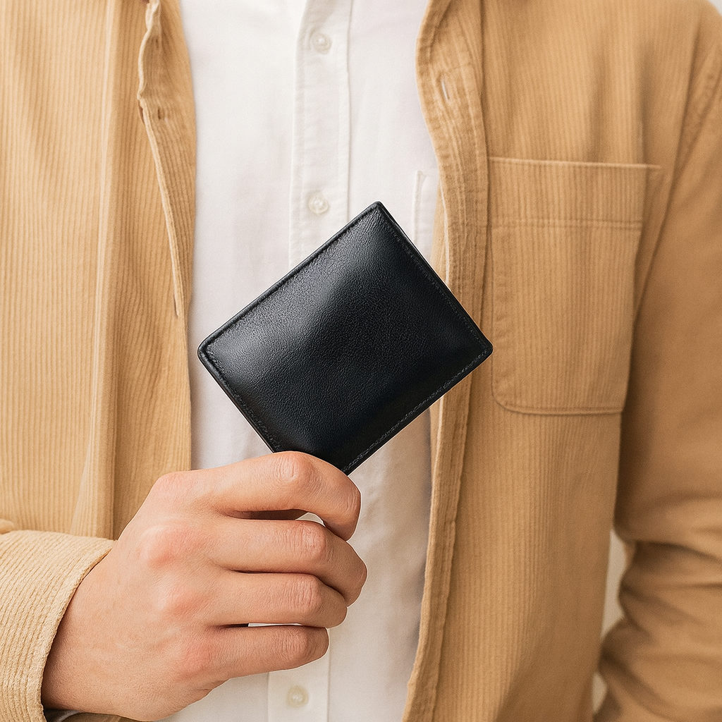Premium Export-Quality Black Genuine Leather Bi-Fold Wallet with Coin Pocket & ID Window