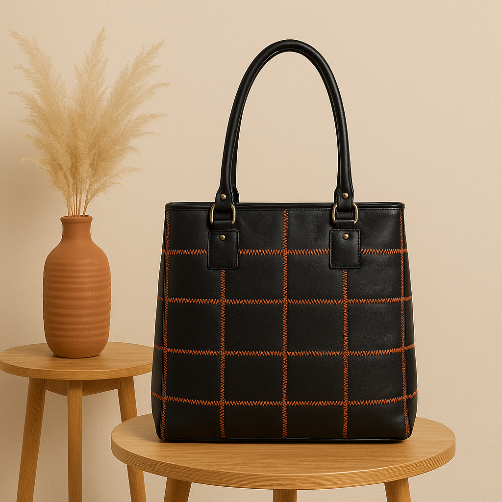 Women's Black Leather Tote Bag with Orange Stitch Grid and Spacious Interior