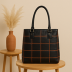 Women's Black Leather Tote Bag with Orange Stitch Grid and Spacious Interior