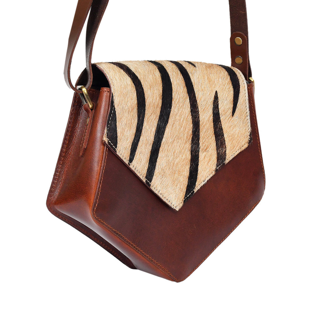 Women's Leather Sling Bag with Zebra Pattern Flap Brown Crossbody Shoulder Bag