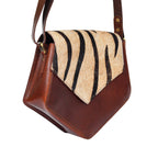 Women's Leather Sling Bag with Zebra Pattern Flap Brown Crossbody Shoulder Bag