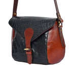 Women Leather Crossbody Sling Bag Black and Brown Croc Texture with Buckle Tab