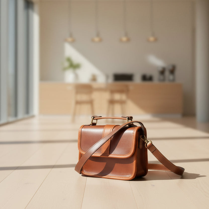 Women's Leather Box Sling Bag Brown Mini Crossbody with Top Handle