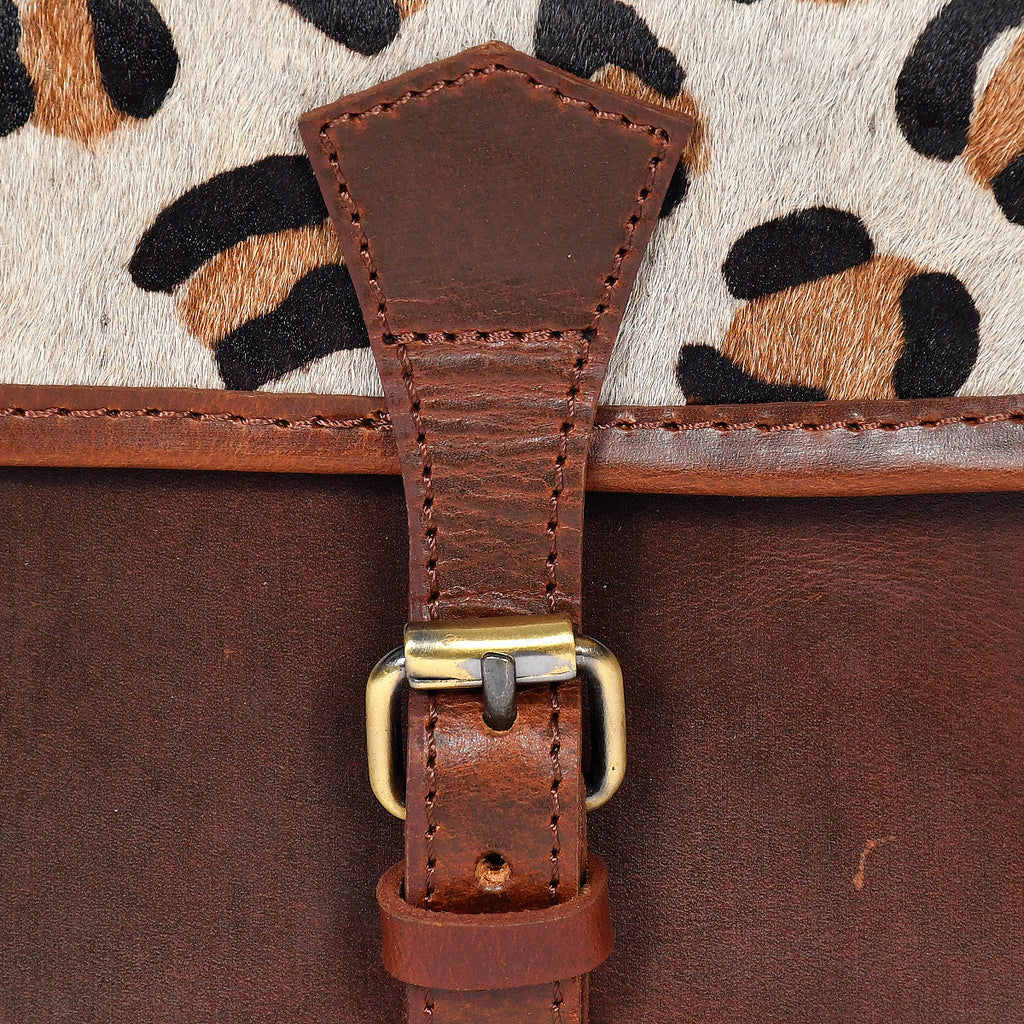 Premium  Brown Leather  Small Crossbody Bag with Leopard Print Flap