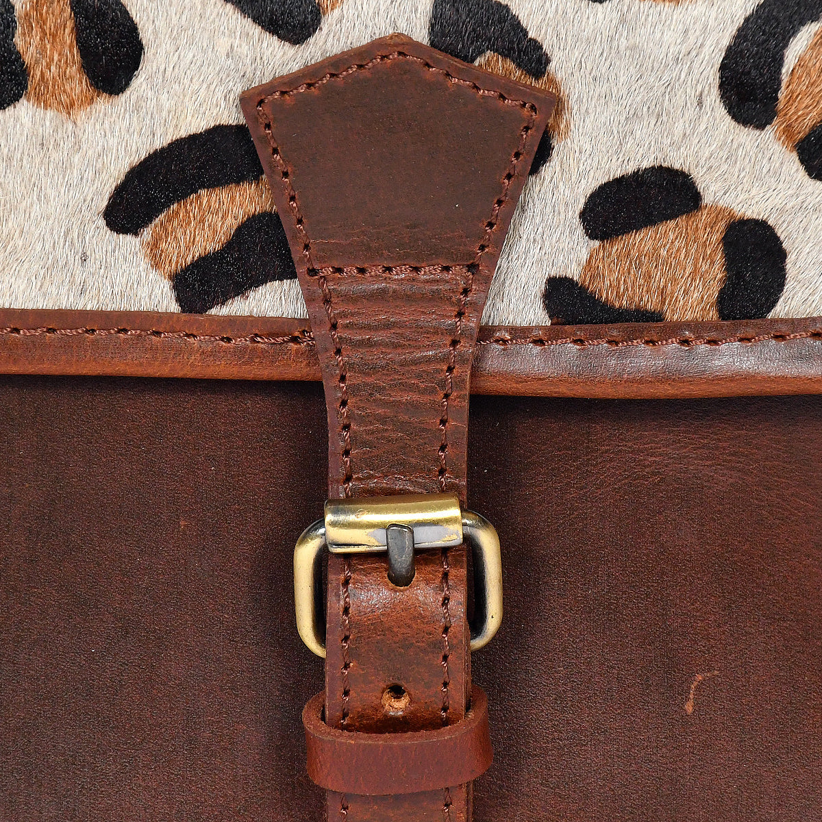 Premium  Brown Leather  Small Crossbody Bag with Leopard Print Flap