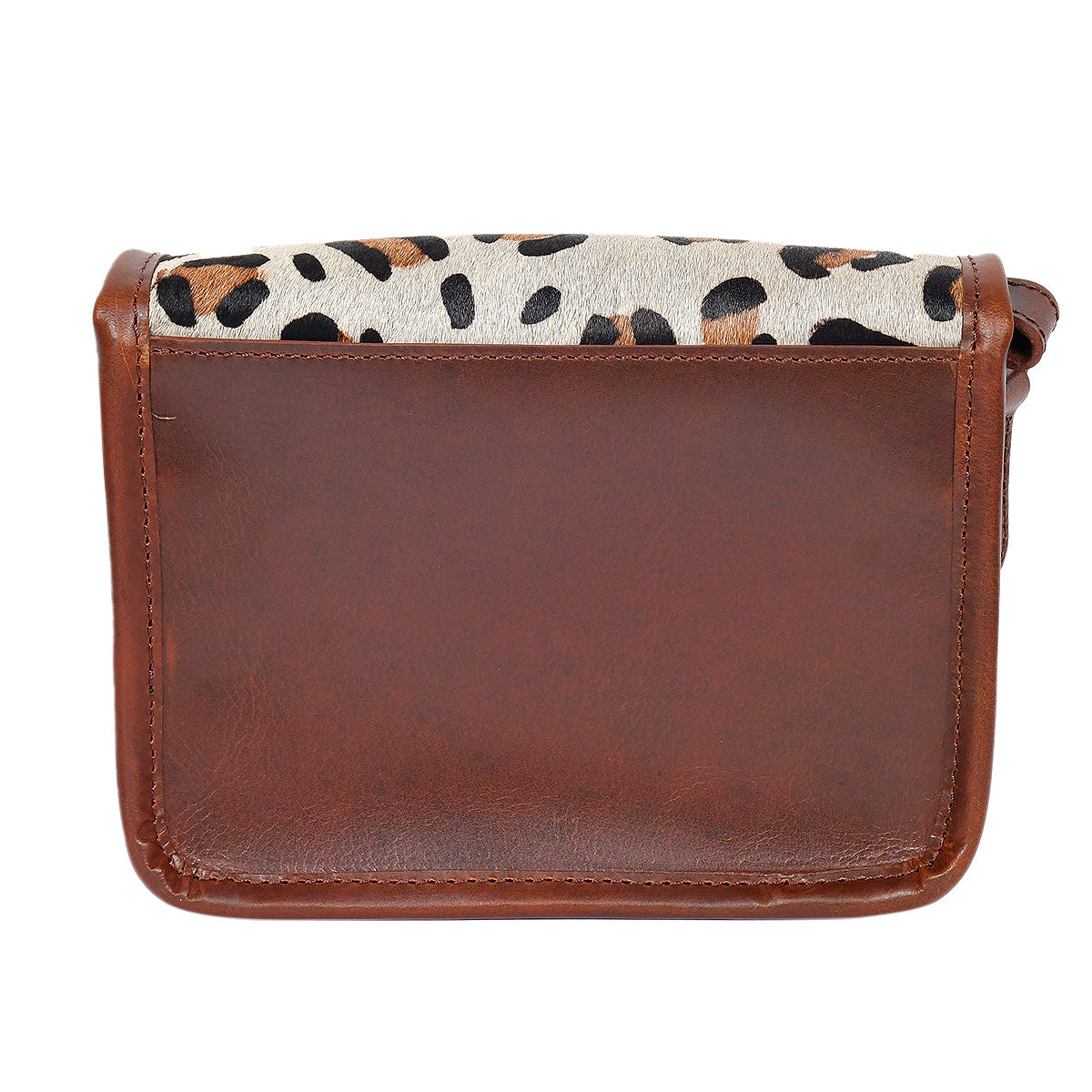 Premium  Brown Leather  Small Crossbody Bag with Leopard Print Flap