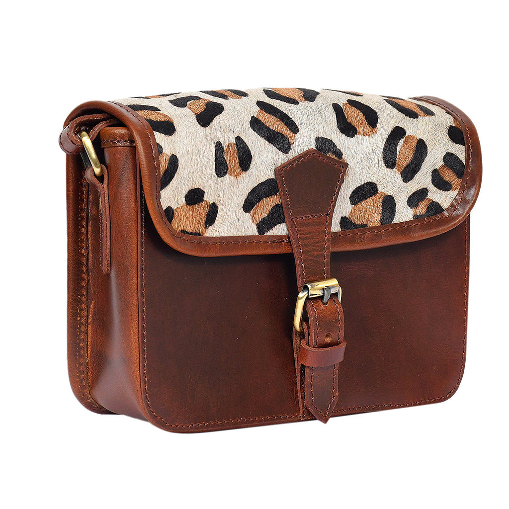 Premium  Brown Leather  Small Crossbody Bag with Leopard Print Flap