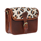 Premium  Brown Leather  Small Crossbody Bag with Leopard Print Flap
