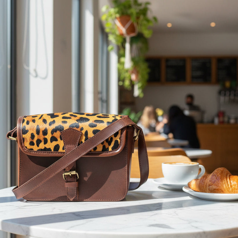 Premium Leather Crossbody Bag with Leopard Print Hairon Flap