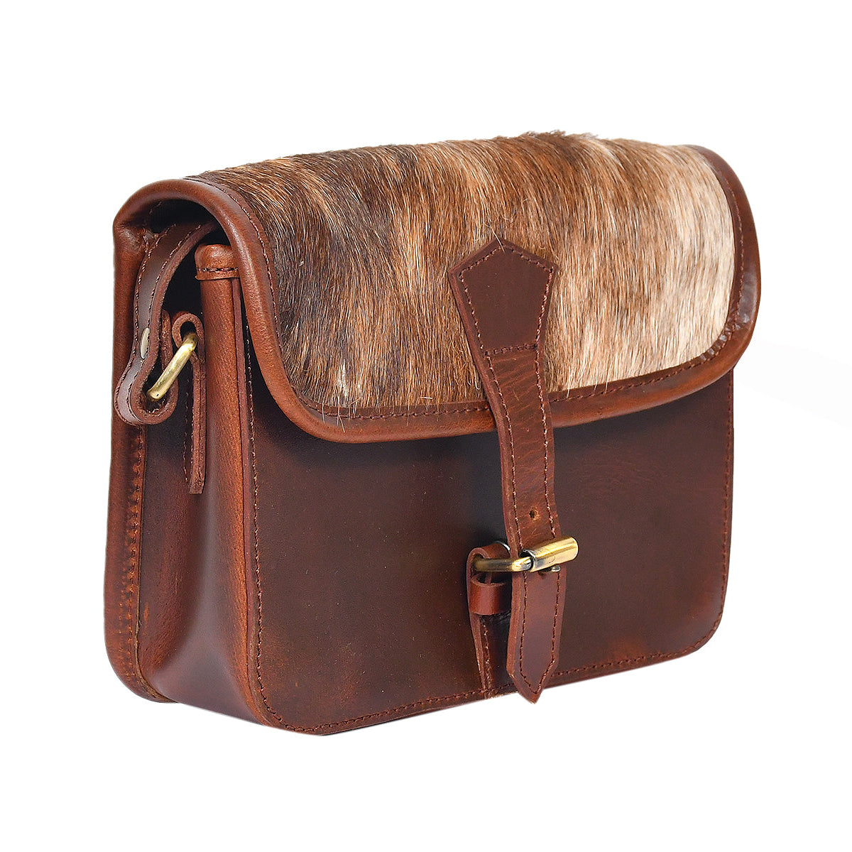 Womens Leather Sling Bag with Brown Hairon Flap  Small Crossbody Satchel